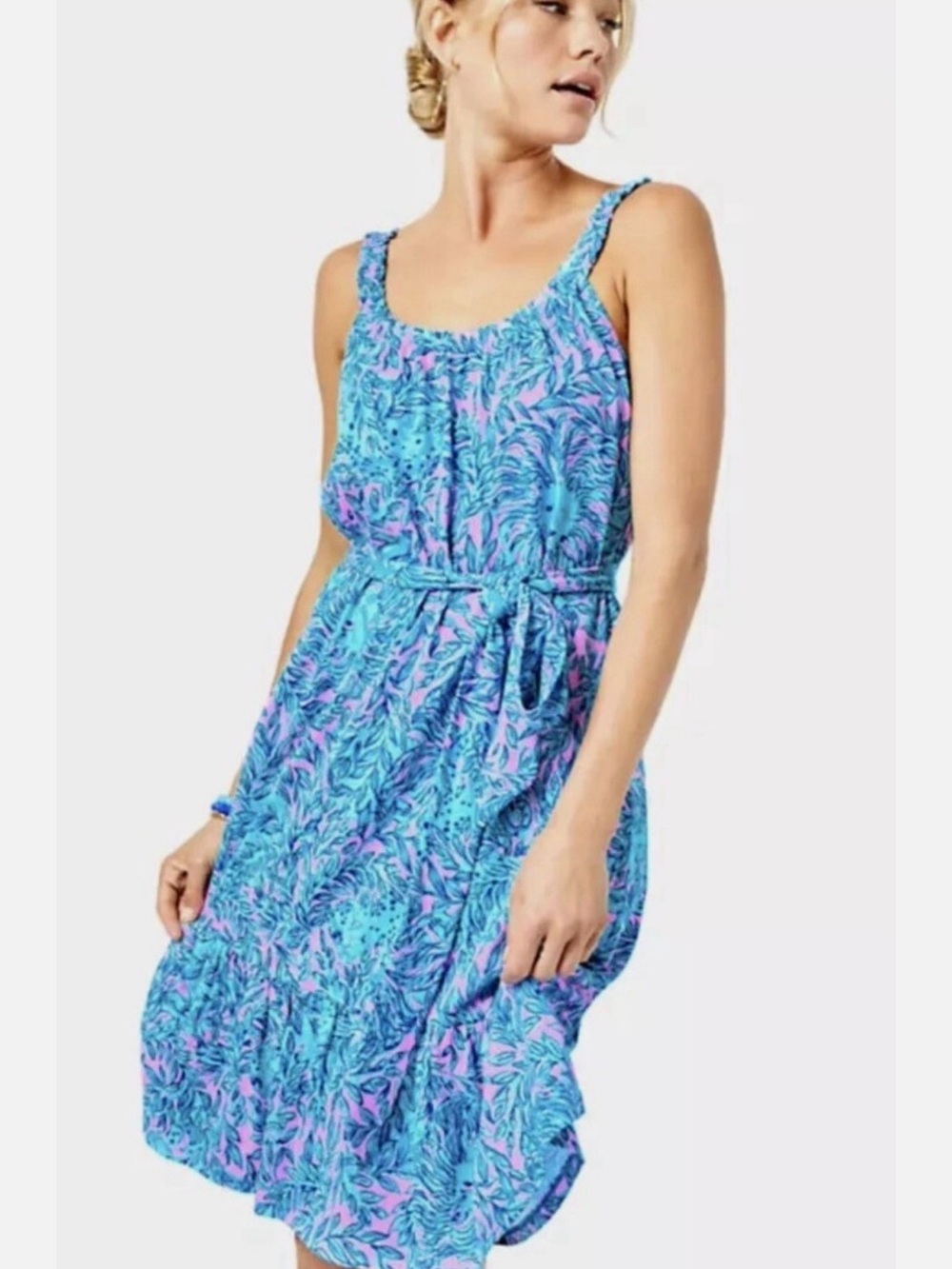 Lilly Pulitzer Collins Mid Knee Length Dress You Grow Girl Blue Tie Waist